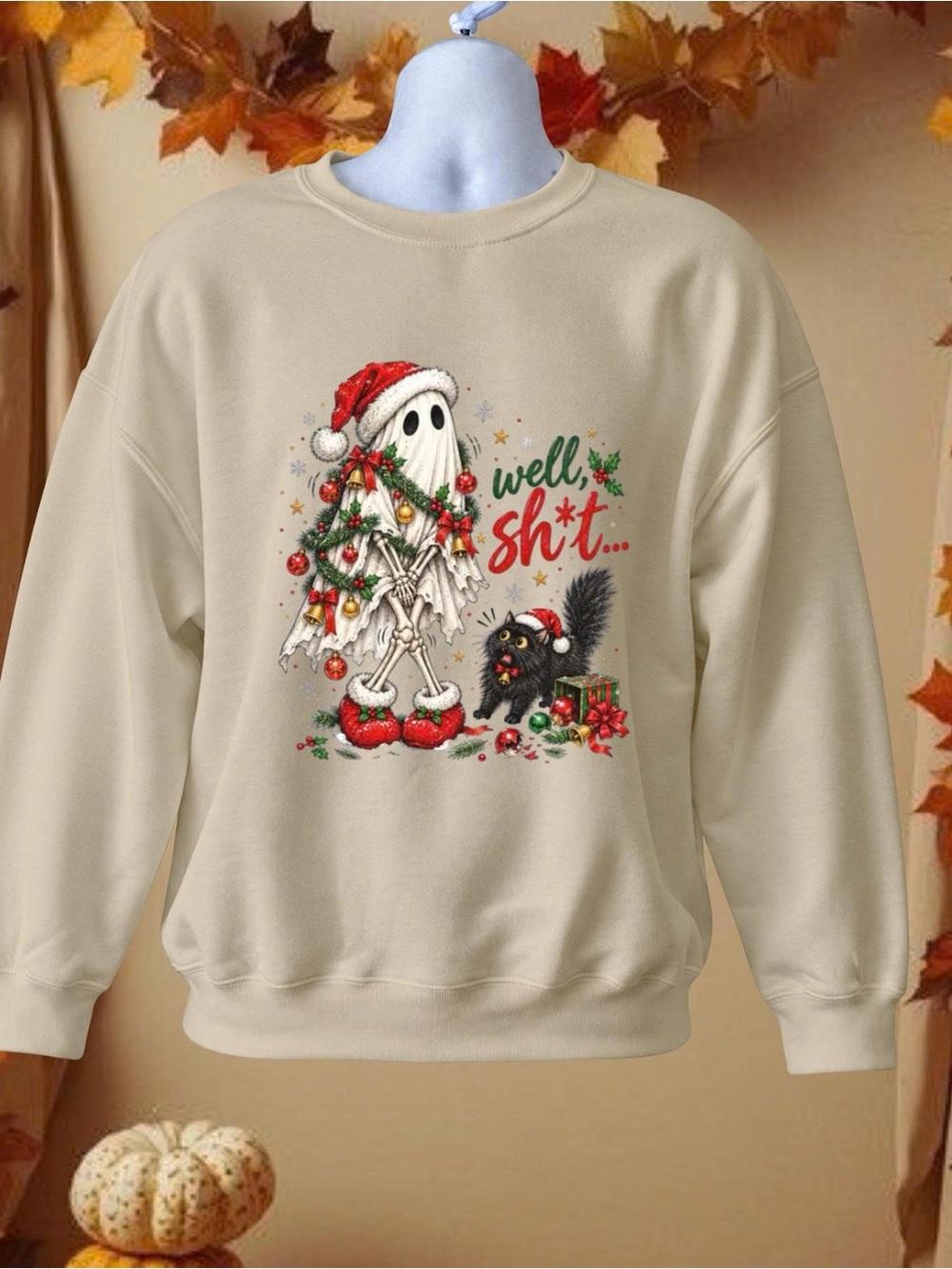 Christmas Ghost Skeleton Cat Sweatshirt, Funny Holiday Crewneck, Spooky Season